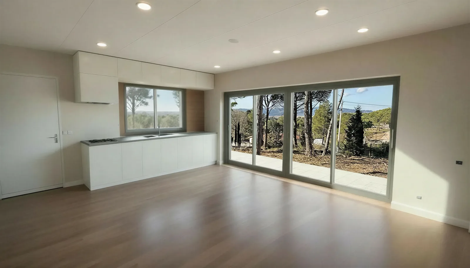 Render del comedor y la cocina, en un espacio abierto con luz natural