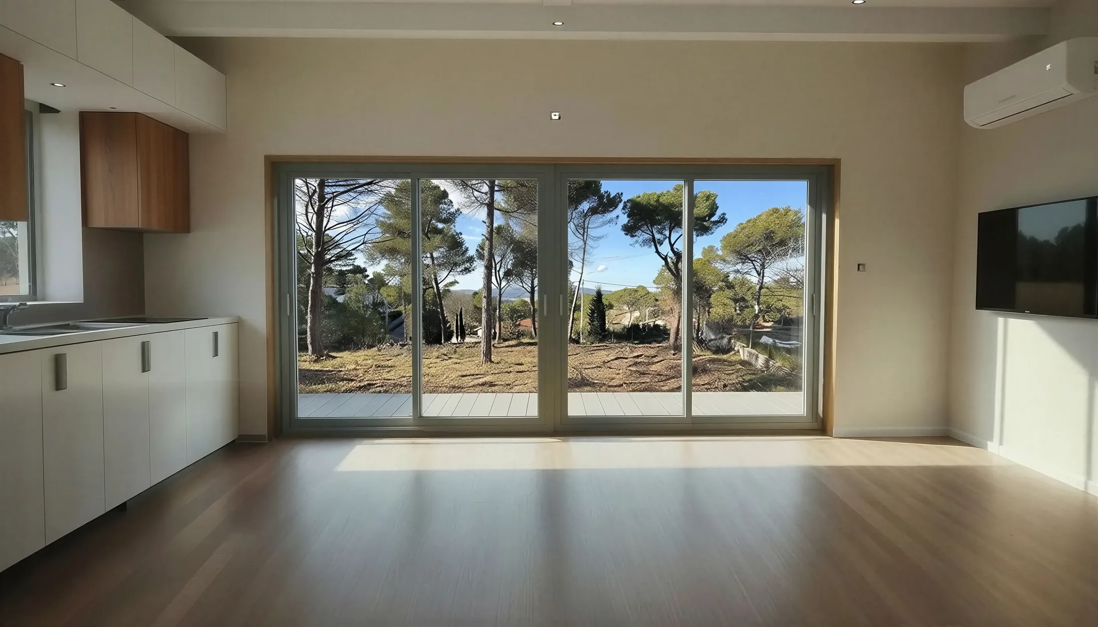 Render frontal del comedor, con la mesa junto a la ventana