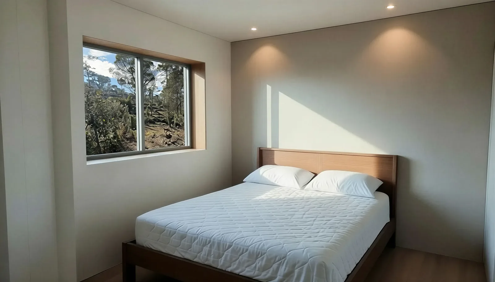 Render de un dormitorio con ventana al jardín
