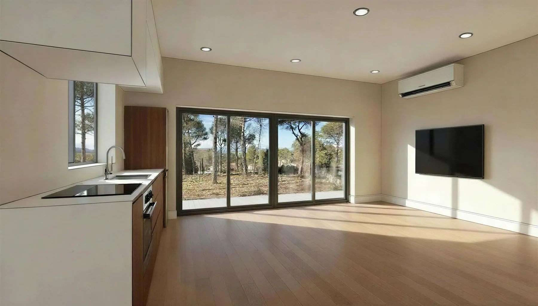 Render del salón principal, con luz natural y vistas al jardín
